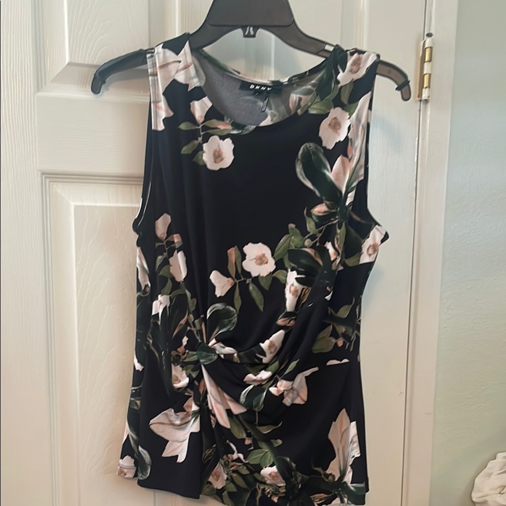 DKNY Black and Pink Asymmetrical Ruched Tank Top